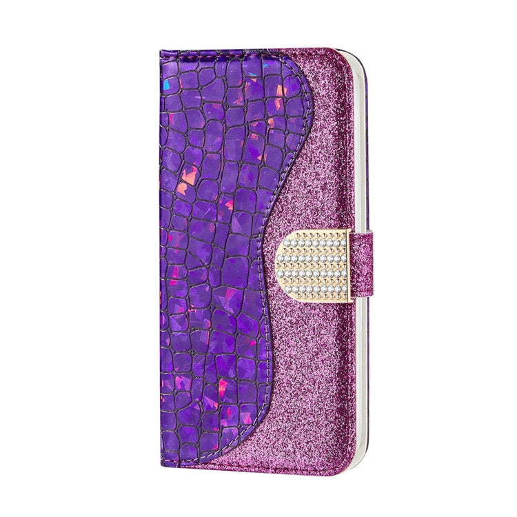 Purple glitter crocodile wallet phone case, side view with rhinestone clasp