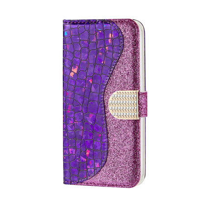Purple glitter crocodile wallet phone case, side view with rhinestone clasp