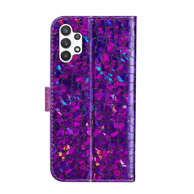 Purple glitter crocodile phone case back with camera cutouts and magnetic strap