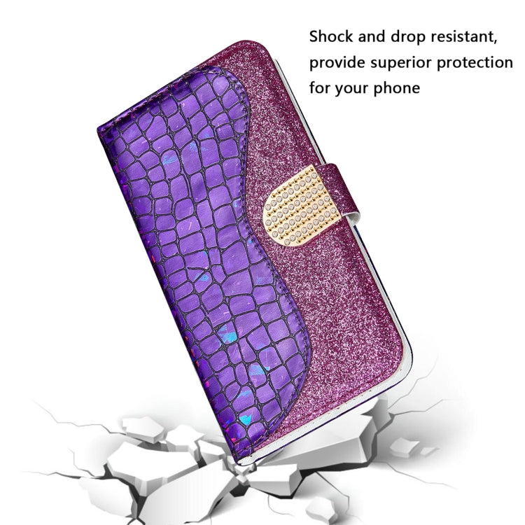 Purple glitter crocodile wallet phone case with rhinestone clasp, diagonal view