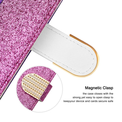 Purple glitter crocodile wallet case close-up of magnetic clasp and stitching