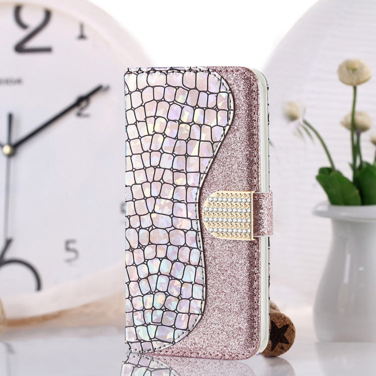 Purple glitter crocodile wallet phone case front view with rhinestone clasp