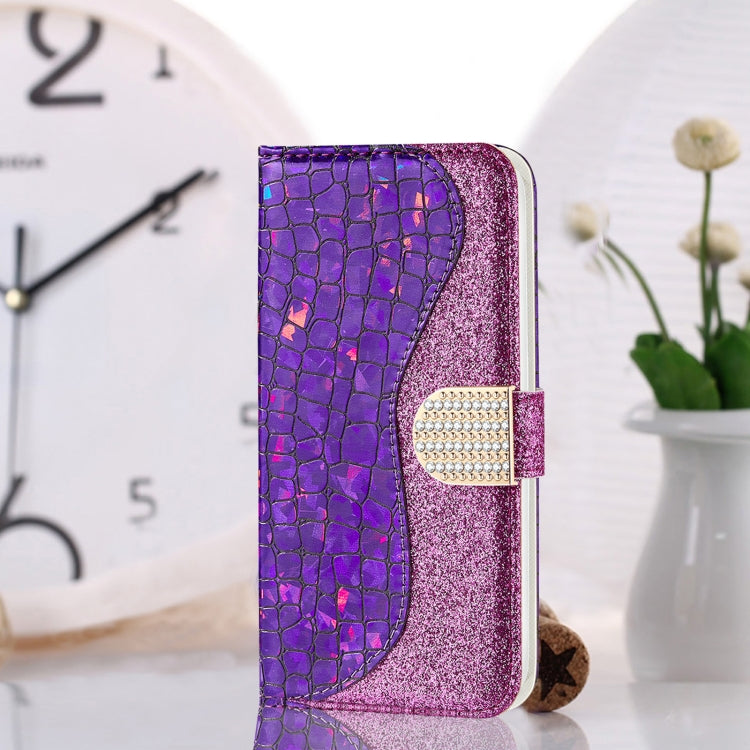 Laser glitter crocodile phone case with clasp, purple leather