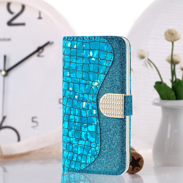 Laser glitter crocodile phone case with clasp, bright blue leather
