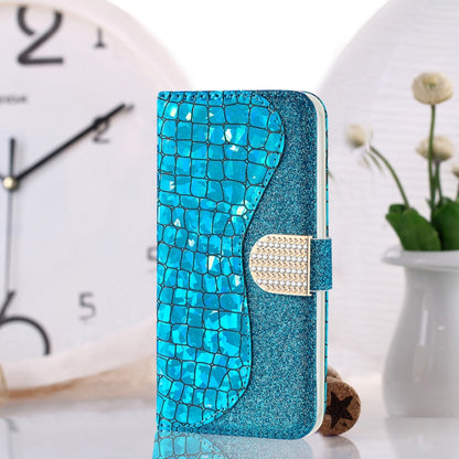 Laser glitter crocodile phone case with clasp, bright blue leather