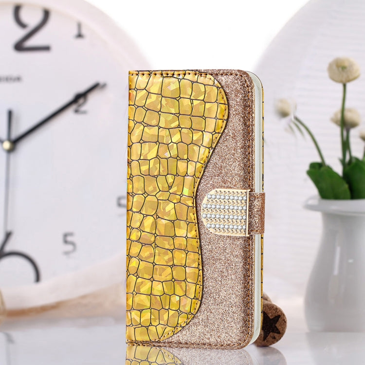 Laser glitter crocodile phone case with clasp, gold leather