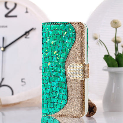 Laser glitter crocodile phone case with clasp, green leather