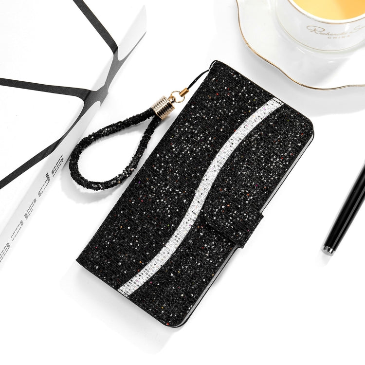 Glitter flip wallet phone case with wrist strap, black with white stripe and card holder