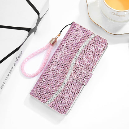 Glitter flip wallet phone case with wrist strap, pink with white stripe and card holder