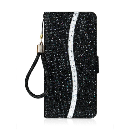 Glitter flip phone case with wrist strap, black with silver stripe and side card pocket