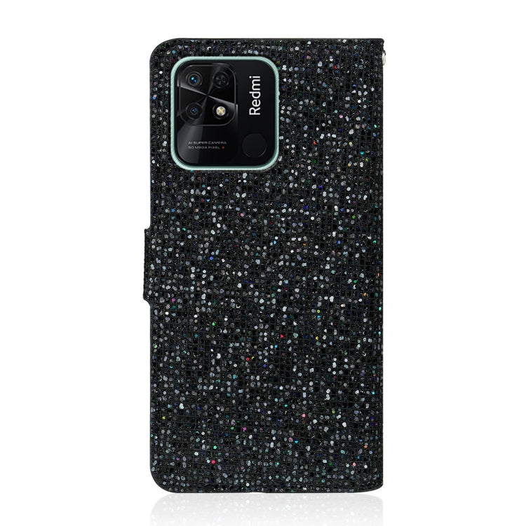 Glitter flip phone case, black with silver stripe; phone back visible