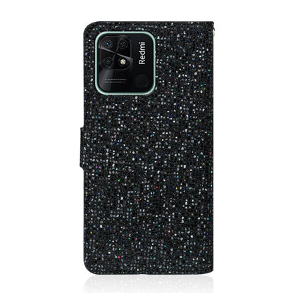 Glitter flip phone case, black with silver stripe; phone back visible