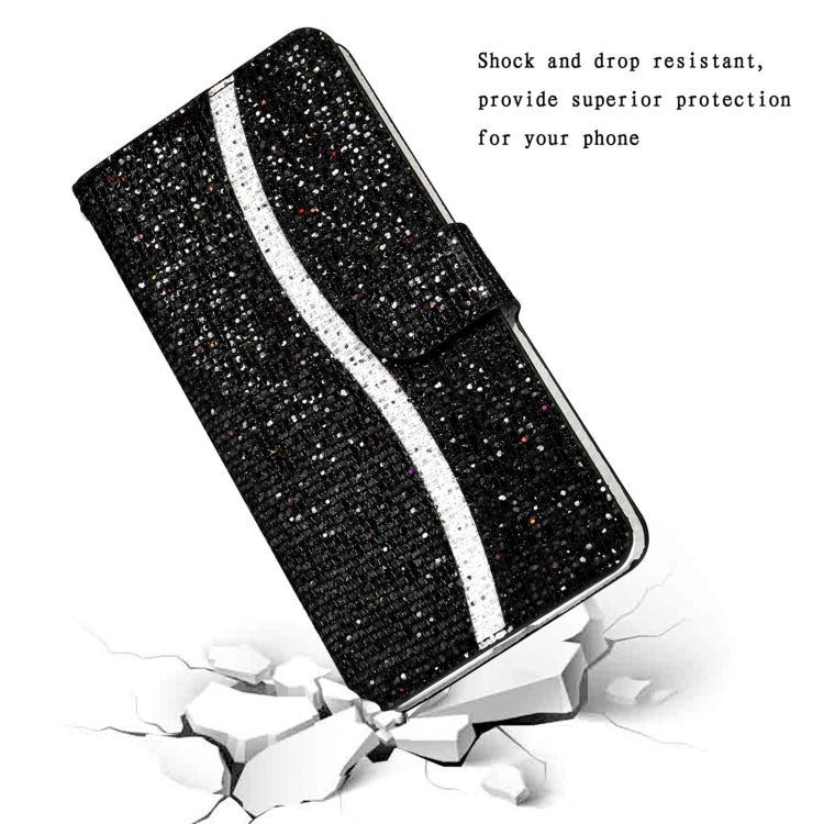 Glitter flip phone case with wrist strap, black with silver stripe and snap flap
