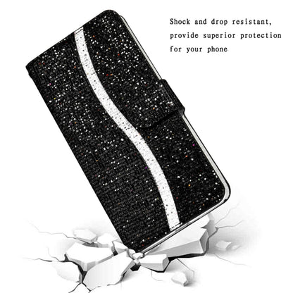 Glitter flip phone case with wrist strap, black with silver stripe and snap flap