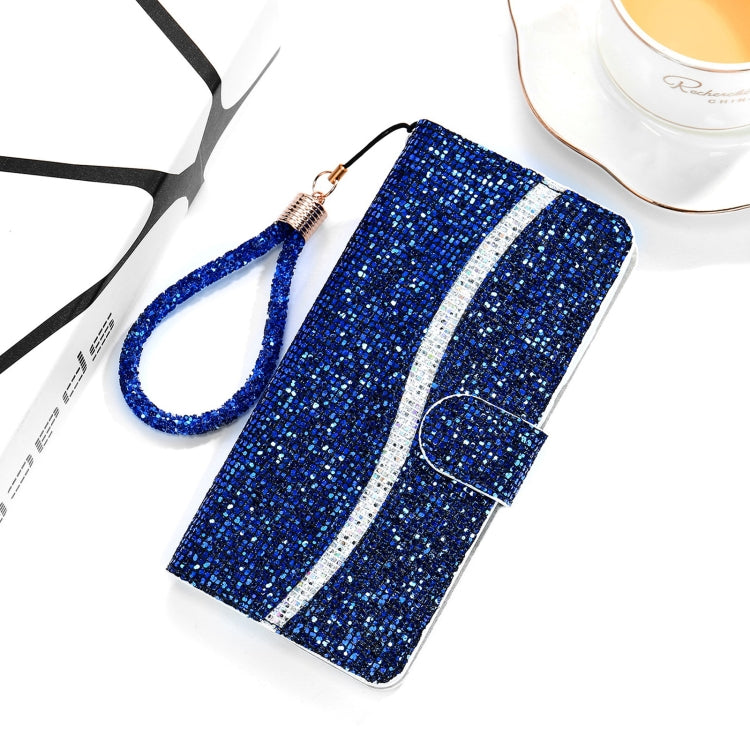 Glitter flip phone case with wrist strap, blue with white stripe and magnetic flap