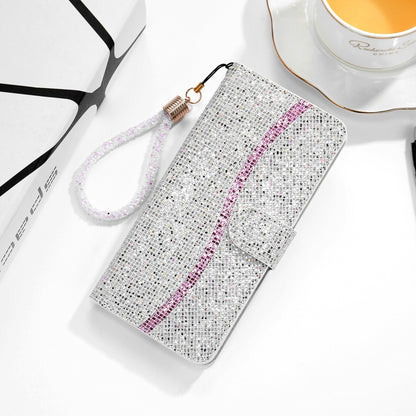 Glitter flip phone case with wrist strap, silver with pink stripe and magnetic flap