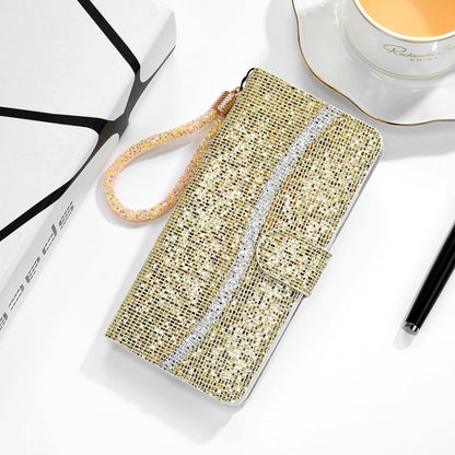 Glitter flip wallet phone case with wrist strap, gold with white stripe and card holder
