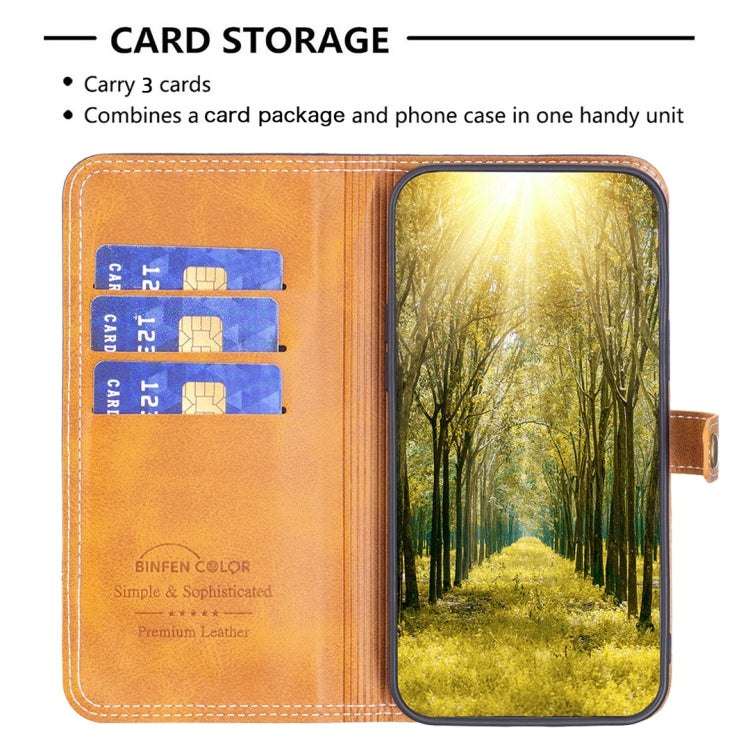 Faux leather phone case wallet with card slots, tan interior and window phone view