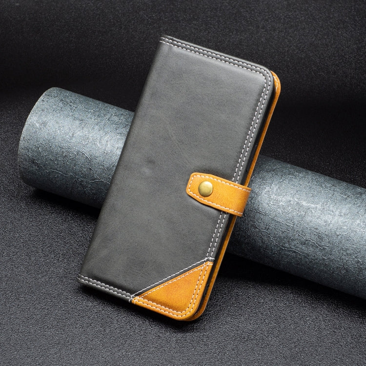 Faux leather phone case wallet, dark gray with tan tab closure and stitched edges