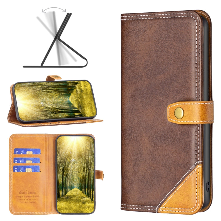 Faux leather phone case wallet, brown with tan strap closure and stitched corner pocket