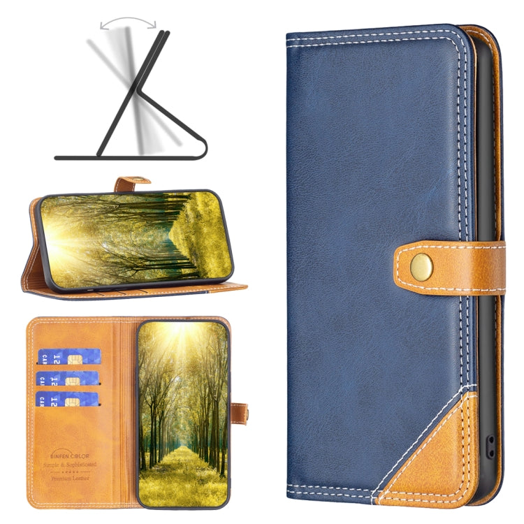 Faux leather phone case wallet, blue with tan strap closure and stitched corner pocket