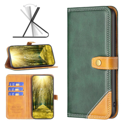 Leather phone case in green with flip strap, contrast stitching, and card slots