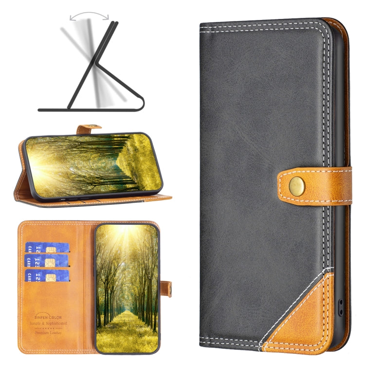 Leather phone case in dark gray with flip strap, contrast stitching, and card slots