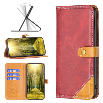 Leather phone case in red with flip strap, contrast stitching, and card slots