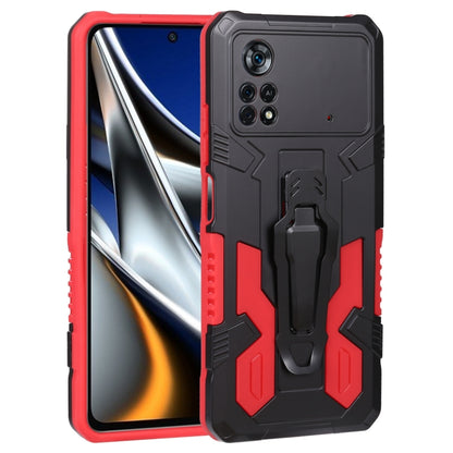 Rugged armor phone case in black and red with textured grip and built-in stand