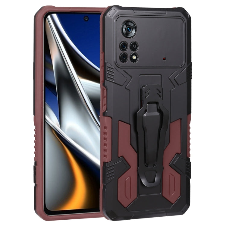Rugged armor phone case in black and brown with textured grip and built-in stand