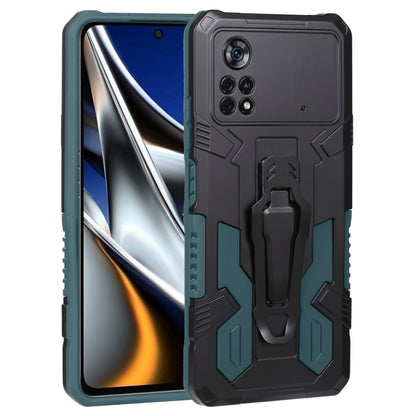 Rugged armor phone case in black and teal with textured grip and built-in stand