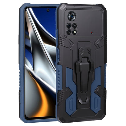 Rugged armor phone case with kickstand, blue and dark gray dual-layer shell