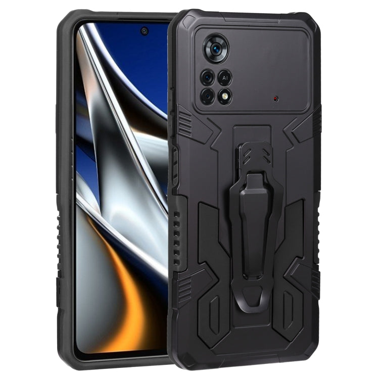 Rugged armor phone case with textured grip, kickstand, and camera cutouts, dark