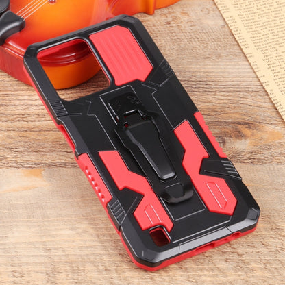 Rugged phone case with red accents and black protective frame, kickstand on back