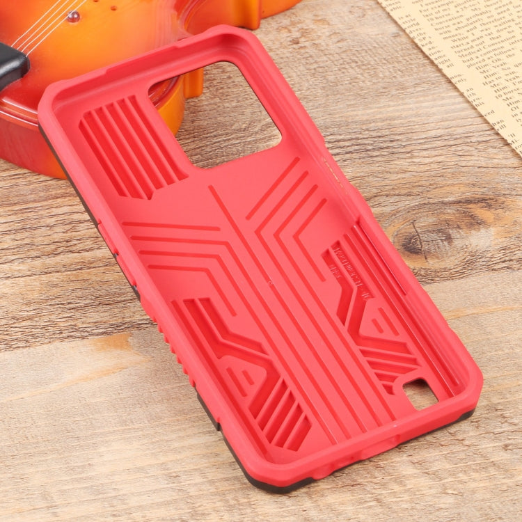 Red rugged TPU case with textured grip pattern and cutouts for ports and camera