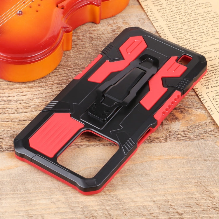 Black and red armored phone case with textured edges and built-in kickstand