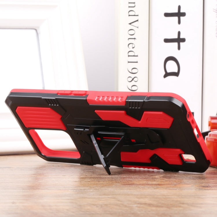 Red and black protective phone case with side buttons and rugged impact corners
