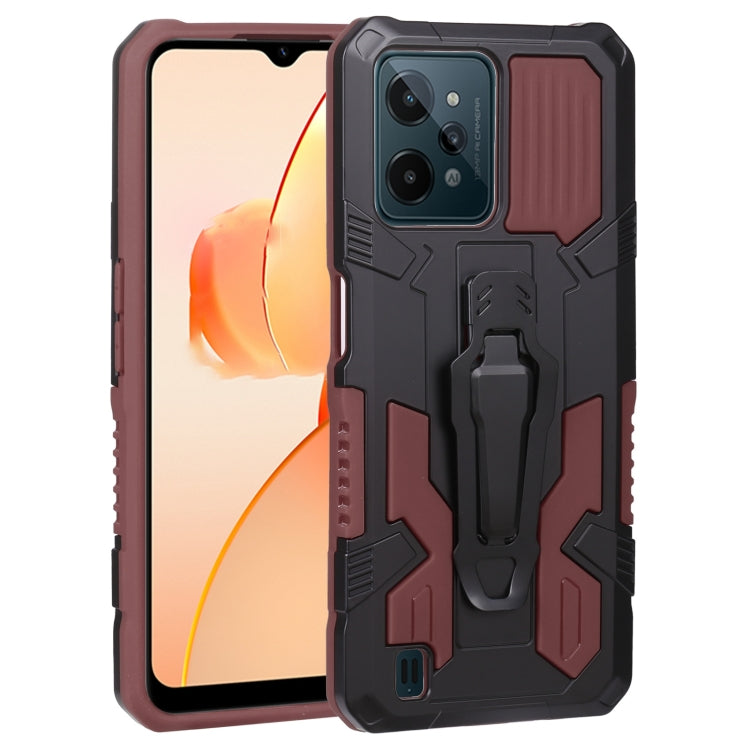 Red and black armored phone case with rugged panels and camera lens cutout