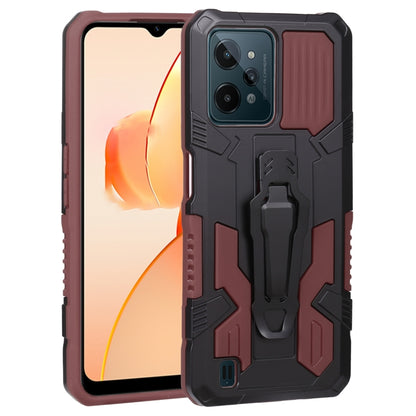 Red and black armored phone case with rugged panels and camera lens cutout