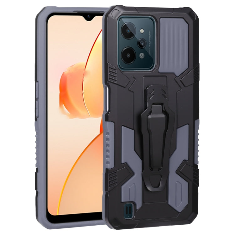 Grey and dark armored phone case with rugged panels and camera lens cutout