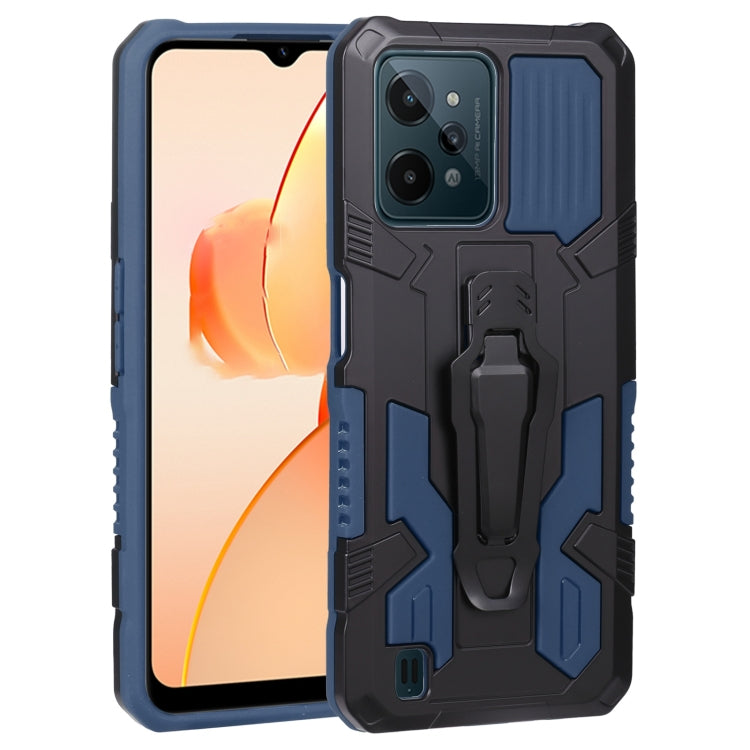 Blue and black armored phone case with rugged panels and camera lens cutout