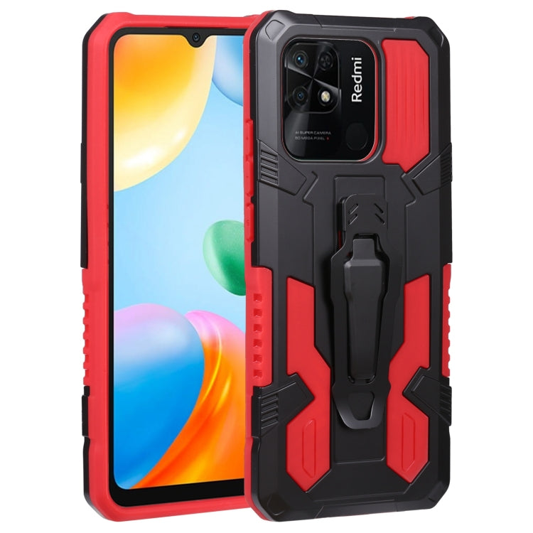 Rugged armor phone case in black and red with camera cutout and built-in stand