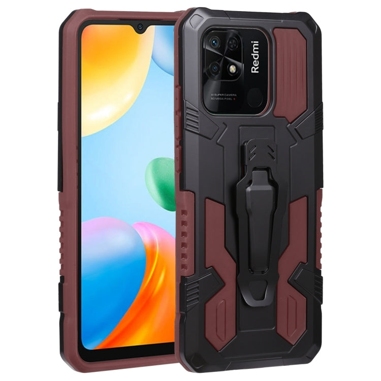 Rugged armor phone case in black and brown with camera cutout and built-in stand