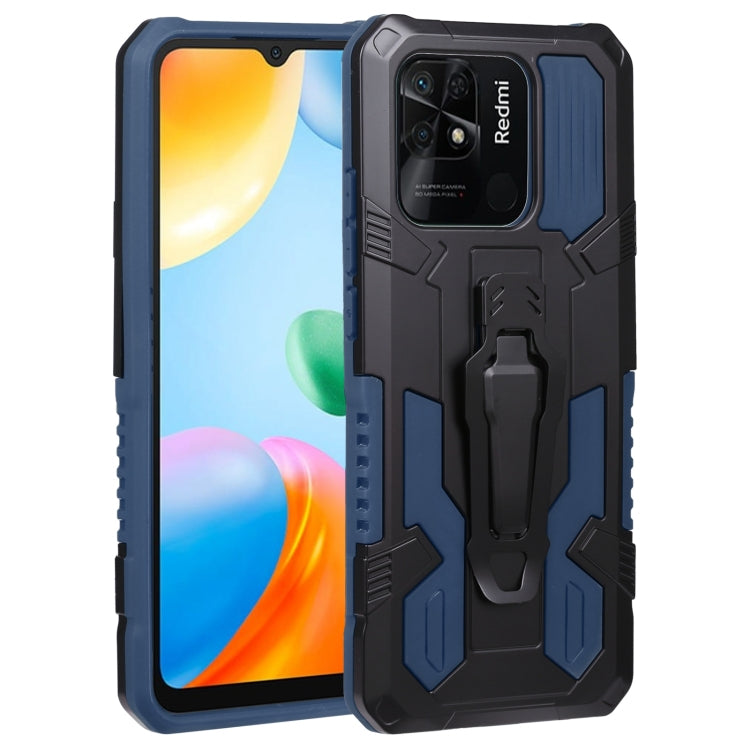Rugged armor phone case with kickstand, dark blue and black dual-layer protection