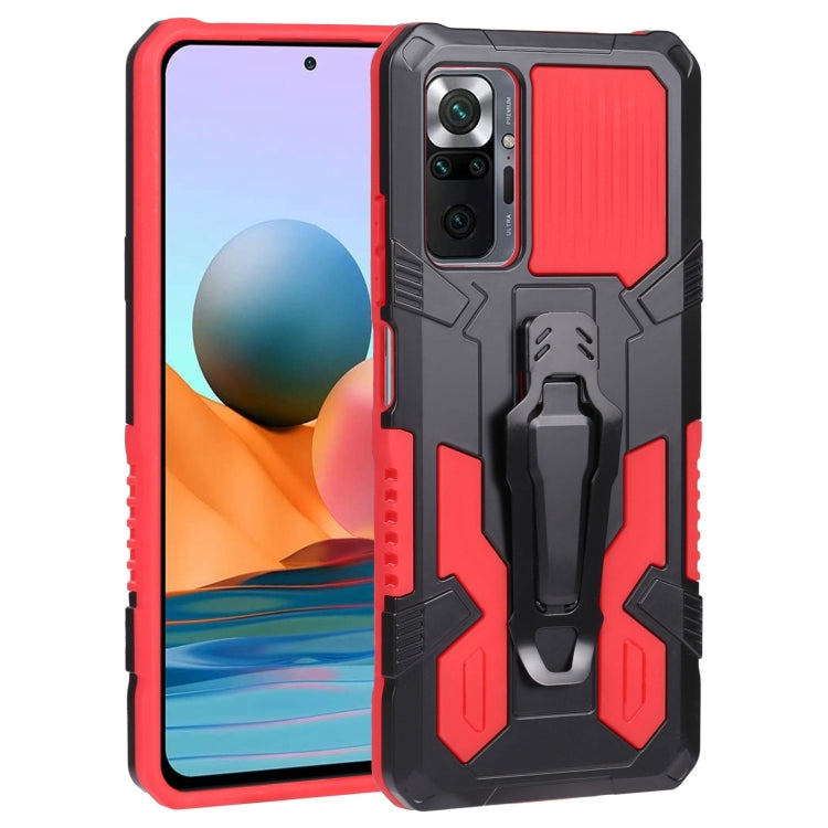 Rugged armor phone case in black and red with textured edges and built-in stand