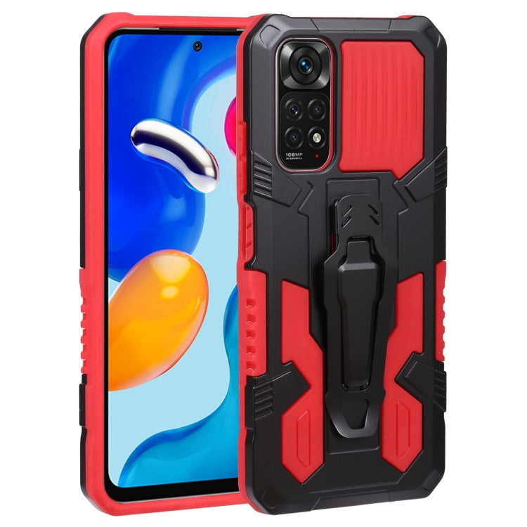 Rugged armor phone case in black and red with raised corners and built-in stand