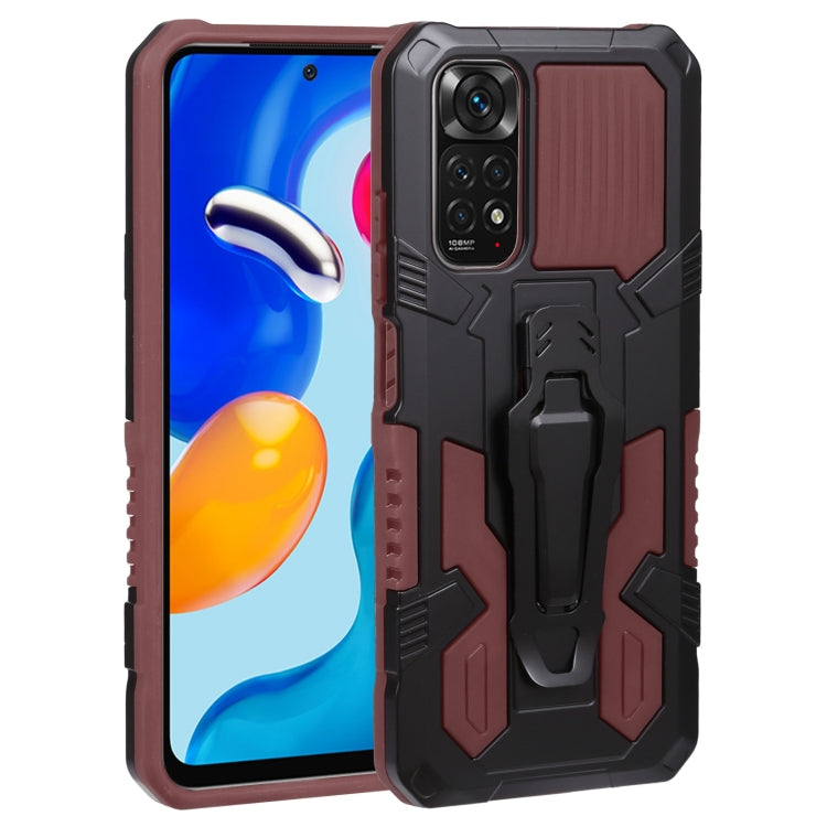 Rugged armor phone case in black and brown with raised corners and built-in stand