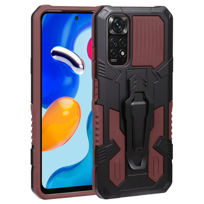 Rugged armor phone case in black and brown with raised corners and built-in stand