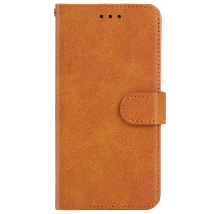 Brown leather wallet-style phone case with flip cover and side button cutouts