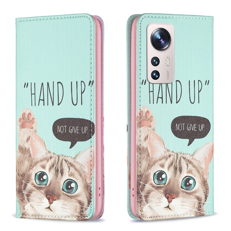 Light blue flip phone case with kitten face, “HAND UP” quote, and cutout camera area